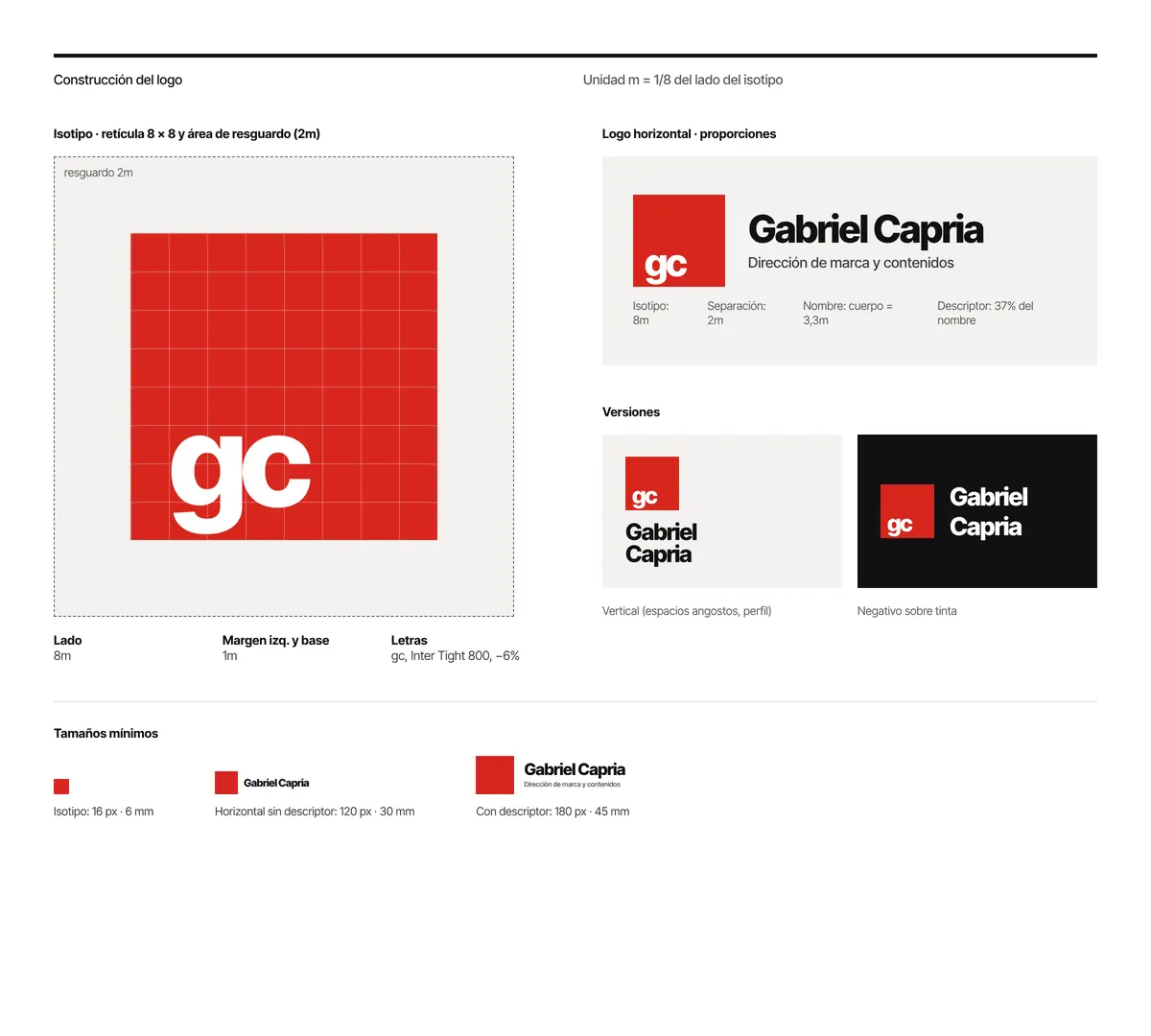 Lámina del manual de marca de Gabriel Capria con la construcción del logo